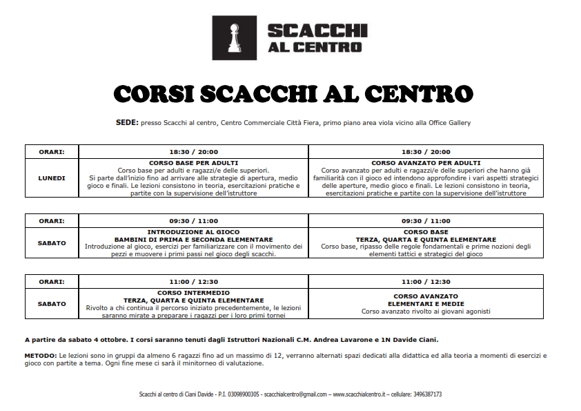 Orari corsi scacchi bambini, ragazzi ed adulti a UDINE e d'intorni